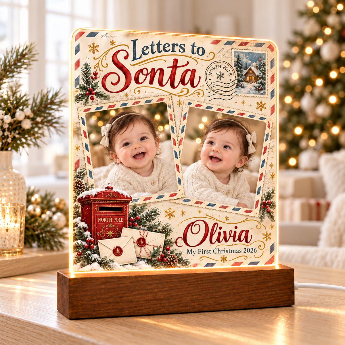 Letters to Santa Photo Lamp, Personalized Baby Acrylic Plaque, Custom Name Year, First Christmas Keepsake