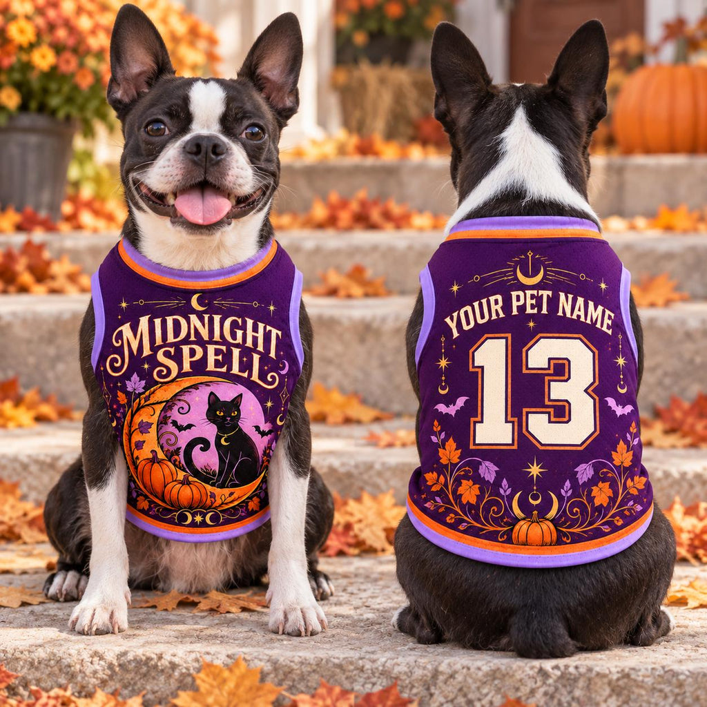 Midnight Spell Pet Jersey, Personalized Dog Name Number Shirt, Black Cat Halloween Top, Pumpkin Pet Costume, Spooky Gift