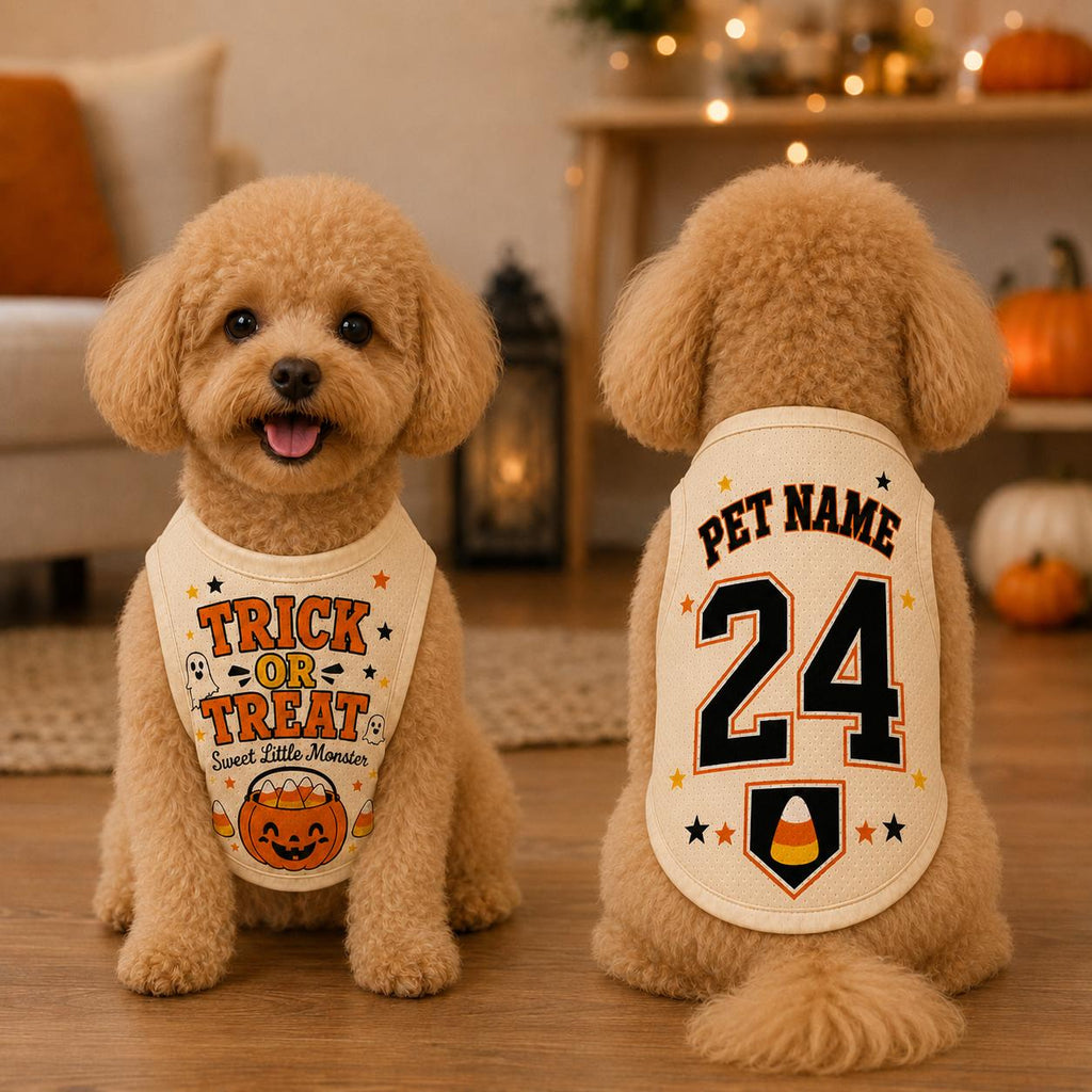 Trick or Treat Pet Jersey, Custom Name Number Dog Shirt, Sweet Little Monster Halloween Outfit, Candy Corn Puppy Costume