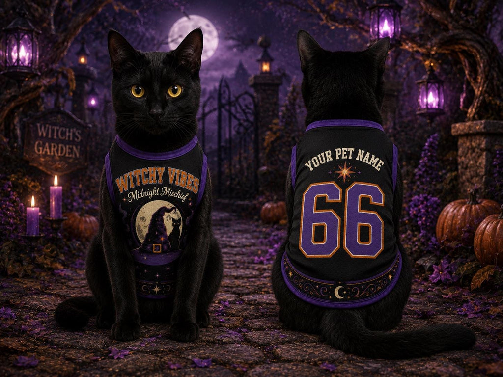 Witchy Vibes Pet Jersey, Personalized Dog Name Number Shirt, Midnight Mischief Halloween Costume, Black Cat Pet Outfit