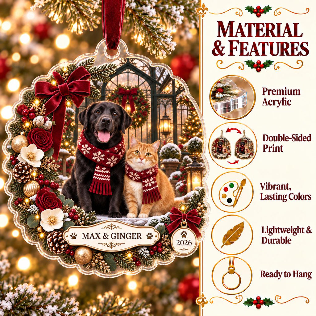 Burgundy Pet Christmas Ornament, Personalized Dog Cat Acrylic Keepsake, Custom Pet Names Year Decor, Pet Parent Holiday Gift