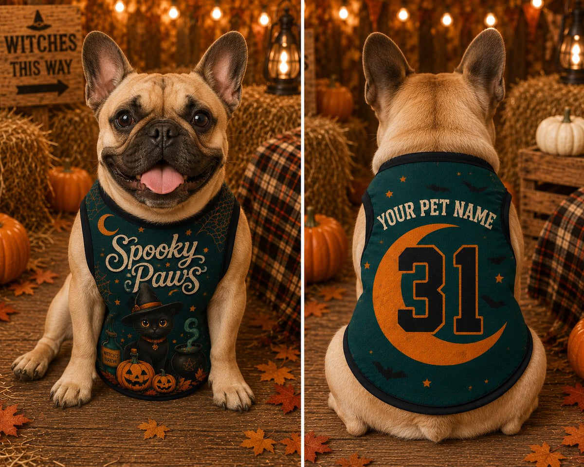 Spooky Paws Pet Jersey, Personalized Dog Cat Name Number Shirt, Black Cat Witch Halloween Costume, Pumpkin Pet Outfit, Pet Lover Gift