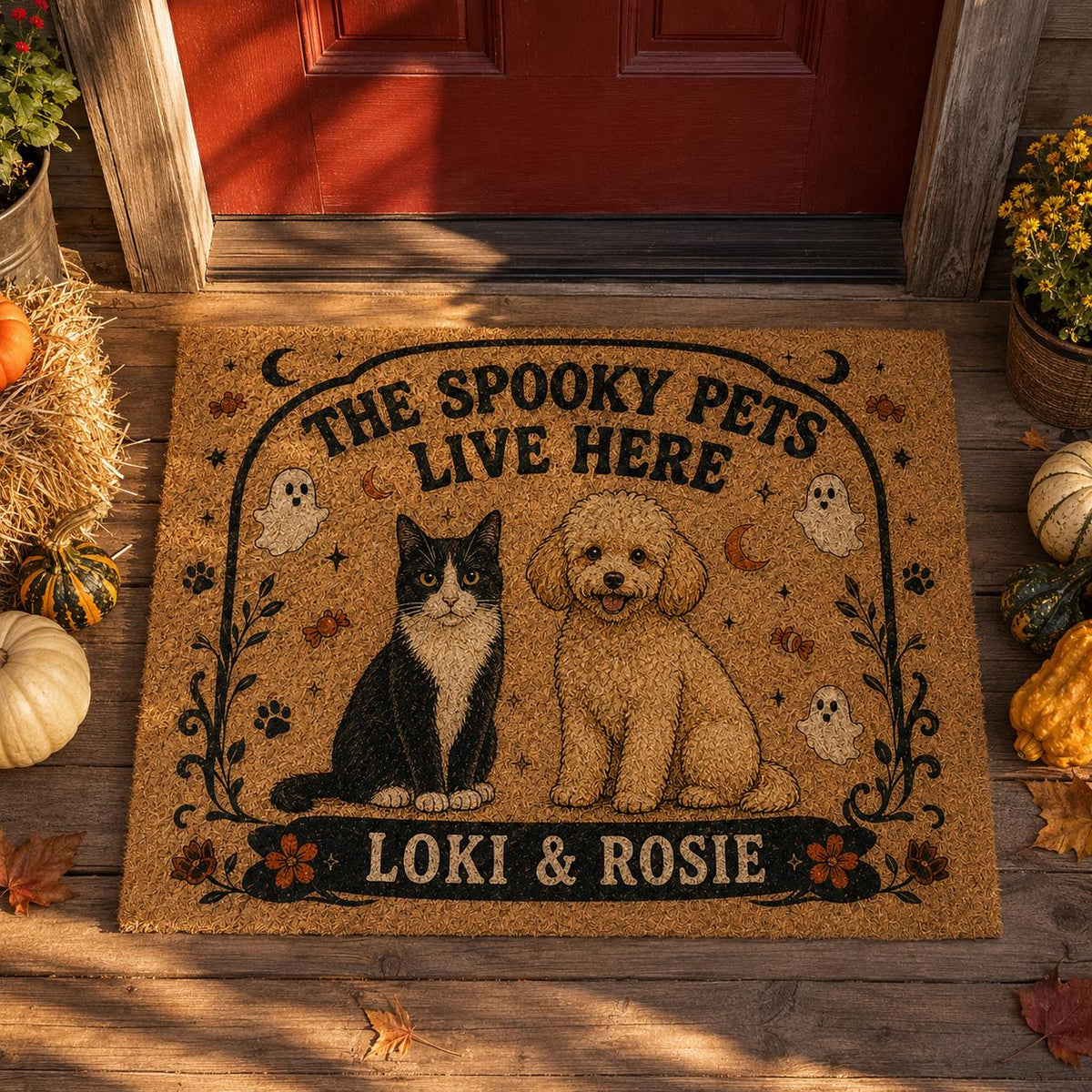 Personalized Pet Halloween Doormat, Spooky Pets Live Here Mat, Custom Dog Cat Name Door Mat, Halloween Porch Decor, Pet Lover Gift