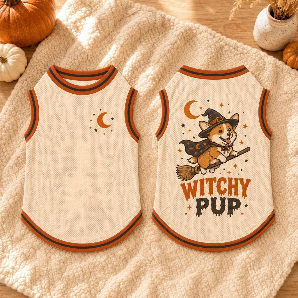 Witchy Pup Pet Jersey, Halloween Dog Shirt, Corgi Witch Costume, Spooky Pet Sports Top, Cute Fall Dog Outfit, Pet Lover Gift