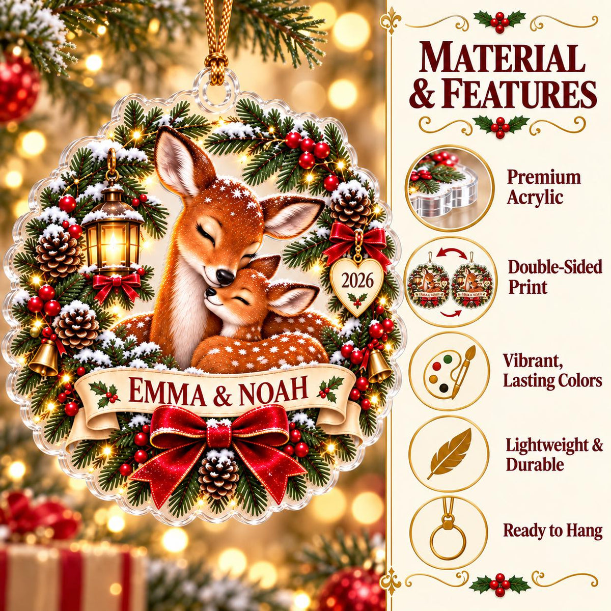 Personalized Deer Christmas Ornament, Acrylic Family Keepsake, Doe and Fawn Holiday Decor, Custom Name Christmas Gift