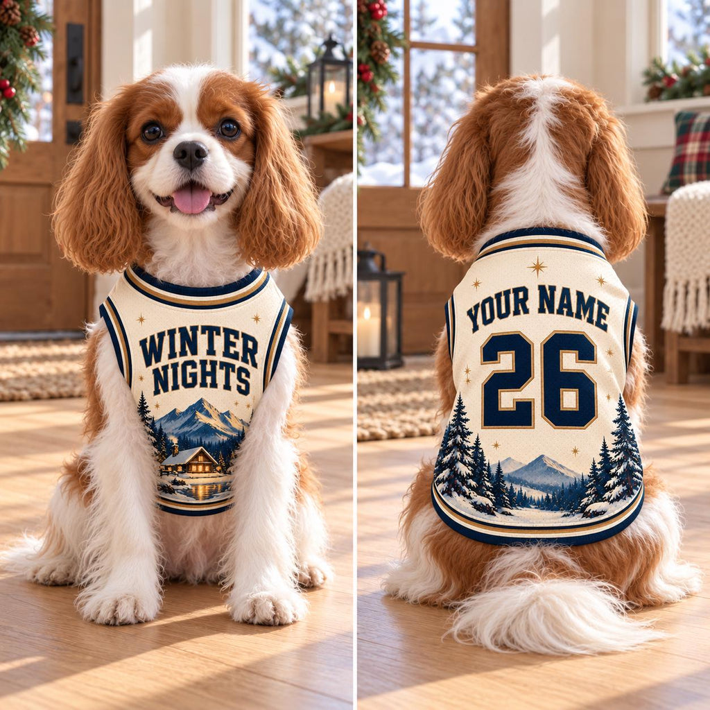 Winter Nights Pet Jersey, Personalized Dog Name Number Shirt, Snowy Mountain Christmas Pet Top, Holiday Sports Outfit, Custom Dog Gift