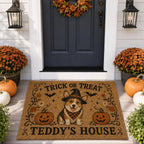 Personalized Halloween Cat Doormat, Trick or Treat Kitty Door Mat, Custom Pet Name Welcome Mat, Pumpkin Fall Porch Decor