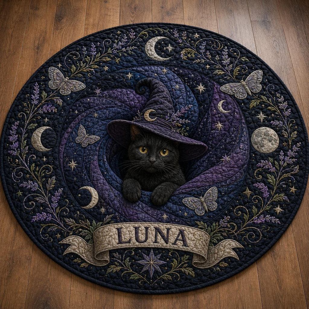 Witch Cat Round Rug, Black Cat Moon Area Rug, Celestial Halloween Floor Mat, Gothic Witchy Home Decor, Personalized Cat Lover Gift