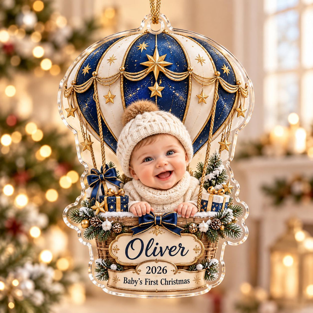 Baby First Christmas Ornament, Personalized Photo Acrylic Ornament, Hot Air Balloon Keepsake, Custom Name 2026 Baby Gift