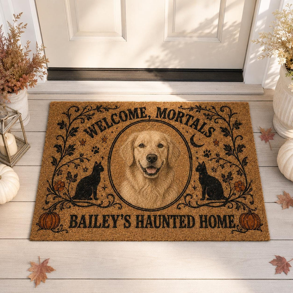 Personalized Halloween Cat Doormat, Custom Pet Photo Welcome Mat, Haunted Cat Door Mat, Spooky Fall Porch Decor, Cat Lover Gift