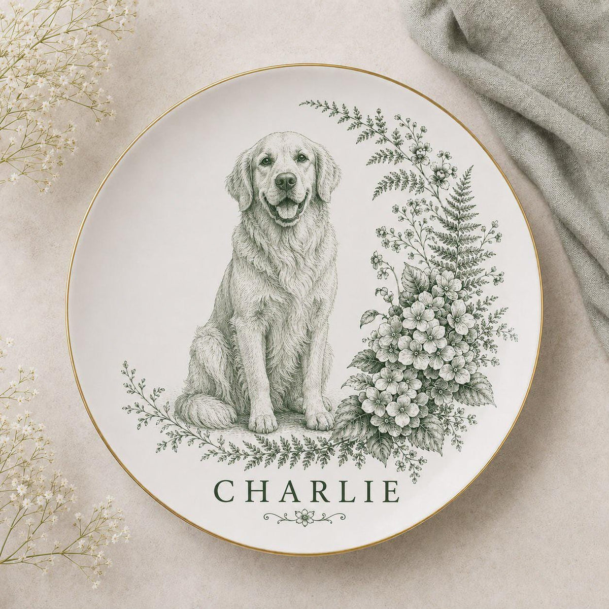 Personalized French Bulldog Portrait Plate, Custom Dog Portrait, Frenchie Memorial Gift, Custom Pet Name Plate, Botanical Dog Lover Gift