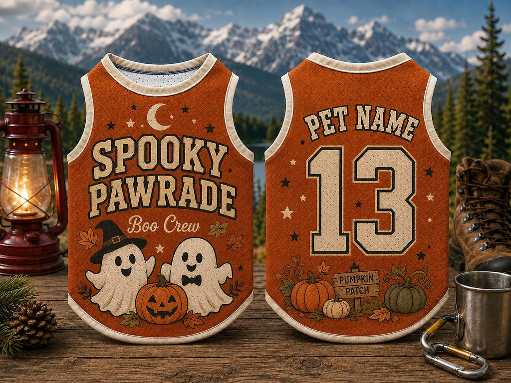 Spooky Pawrade Pet Jersey, Custom Name Number Dog Shirt, Boo Crew Ghost Outfit, Pumpkin Patch Fall Costume, Halloween Pet Gift