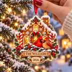 Cardinal Christmas Ornament, Personalized Acrylic Family Keepsake, Gingerbread House Holiday Decor, Bird Lover Gift