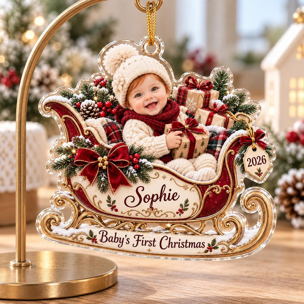 Christmas Sleigh Ornament, Personalized Baby Photo Acrylic Keepsake, Custom Name 2026, First Holiday Gift