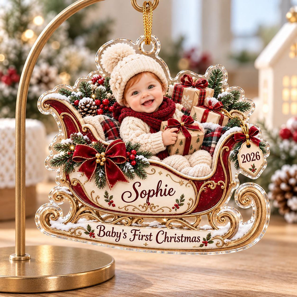 Christmas Sleigh Ornament, Personalized Baby Photo Acrylic Keepsake, Custom Name 2026, First Holiday Gift