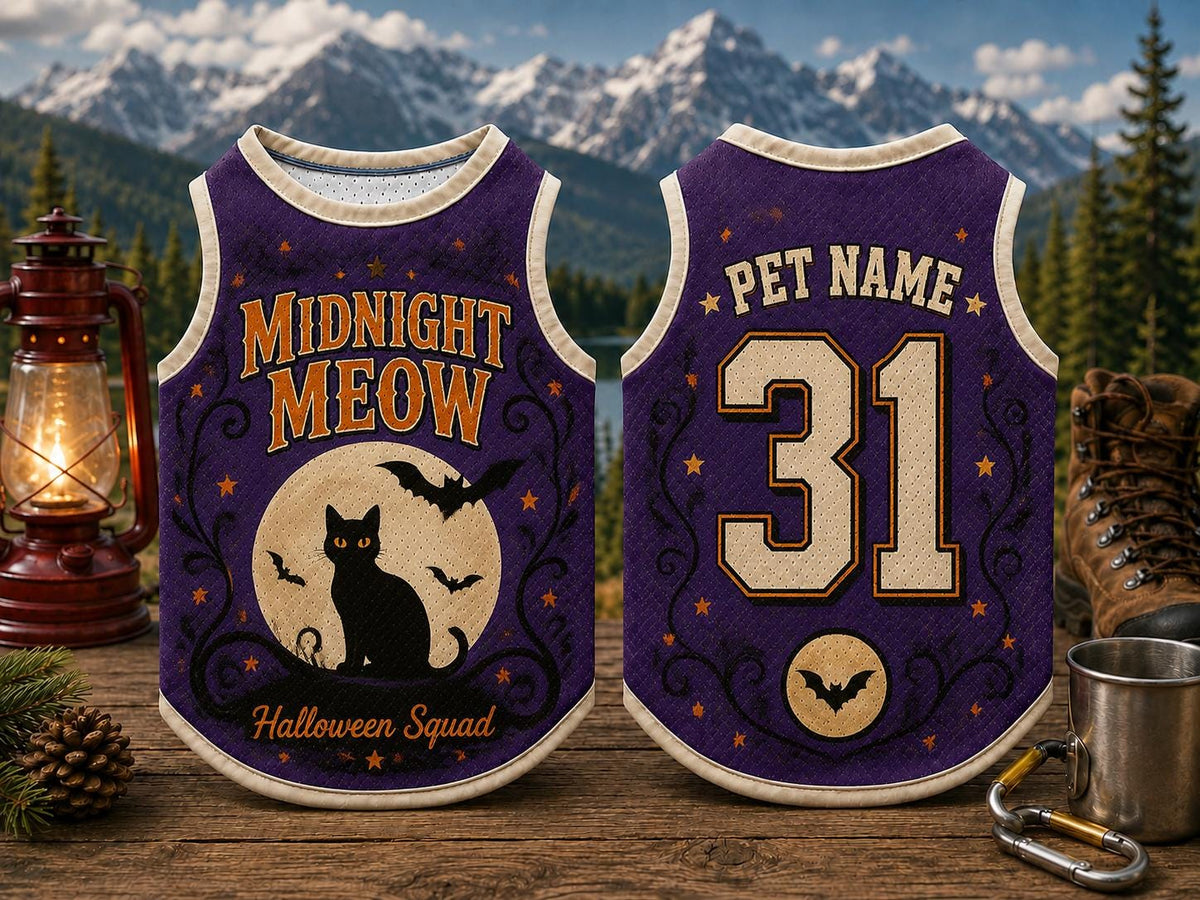 Midnight Meow Pet Jersey, Custom Cat Name Number Shirt, Black Cat Halloween Outfit, Purple Bat Pet Top, Spooky Season Gift