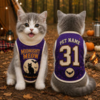 Midnight Meow Pet Jersey, Custom Cat Name Number Shirt, Black Cat Halloween Outfit, Purple Bat Pet Top, Spooky Season Gift