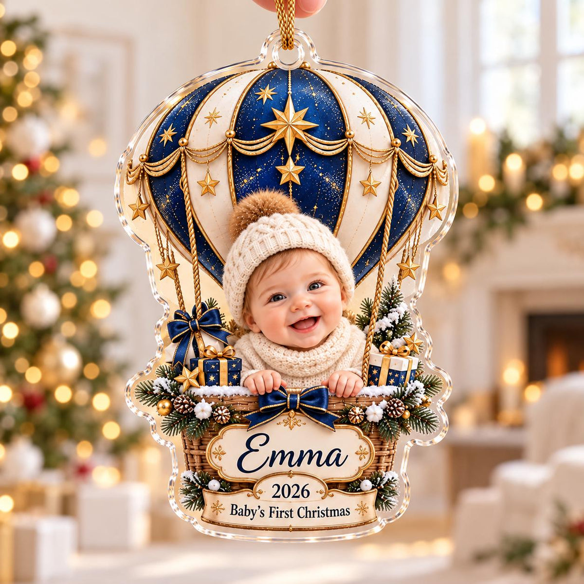 Baby First Christmas Ornament, Personalized Photo Acrylic Ornament, Hot Air Balloon Keepsake, Custom Name 2026 Baby Gift