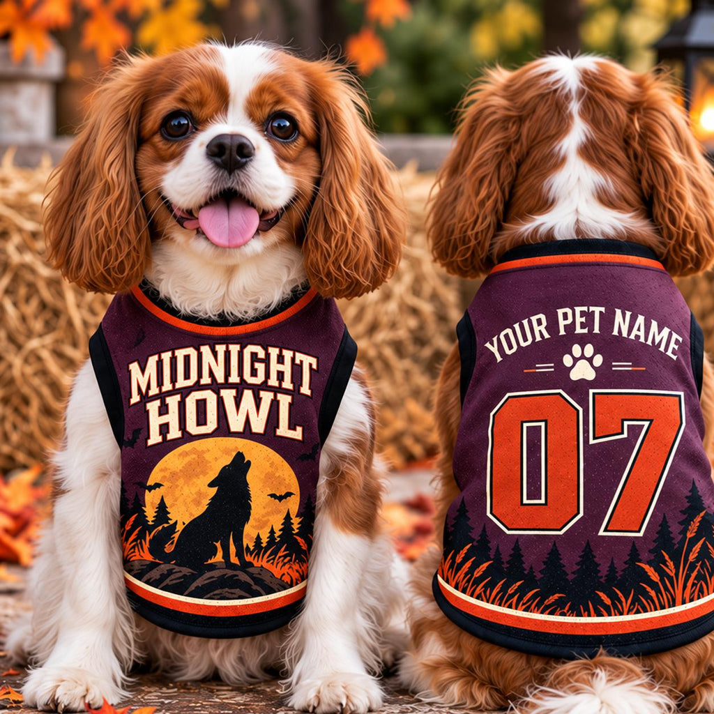 Midnight Howl Pet Jersey, Personalized Dog Name Number Shirt, Wolf Moon Halloween Pet Top, Spooky Custom Pet Costume, Fall Dog Gift
