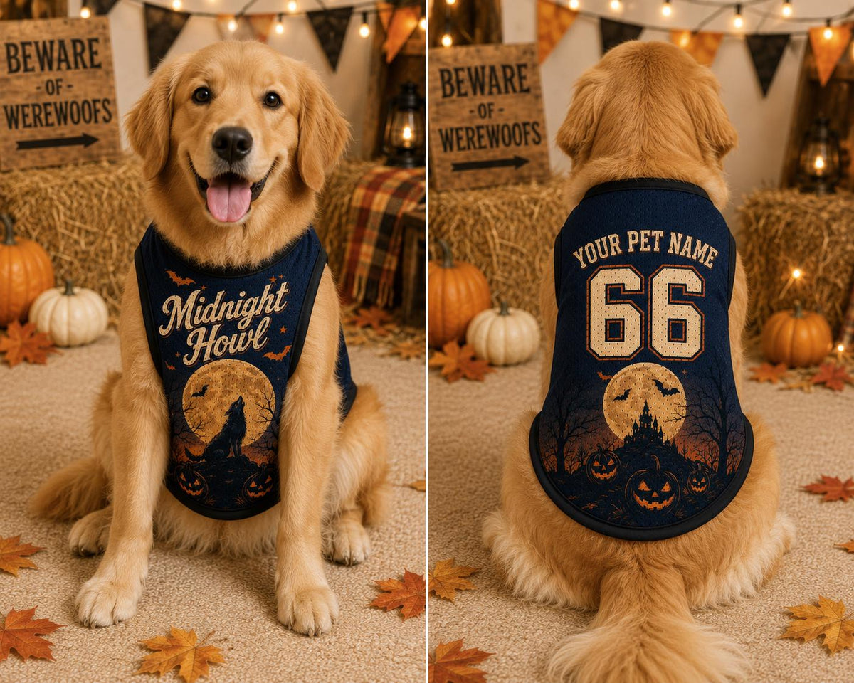 Midnight Howl Pet Jersey, Personalized Dog Name Number Shirt, Werewolf Halloween Costume, Full Moon Pumpkin Outfit, Spooky Pet Gift