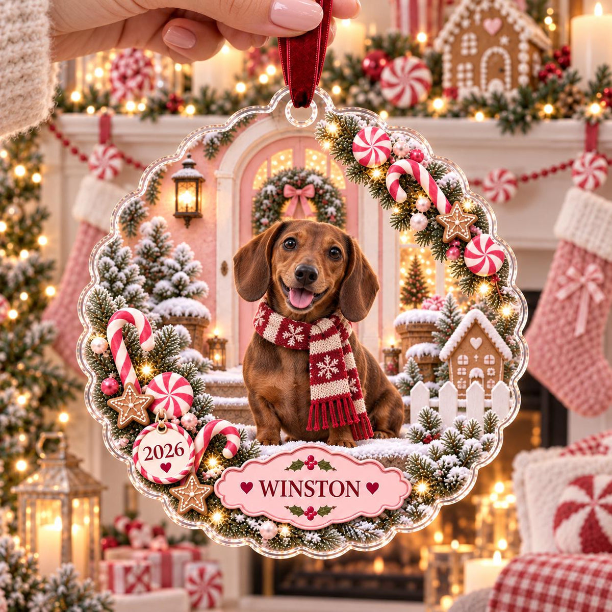 Dachshund Christmas Ornament, Personalized Dog Acrylic Keepsake, Candy Cane Pet Name Decor, Wiener Dog Holiday Gift