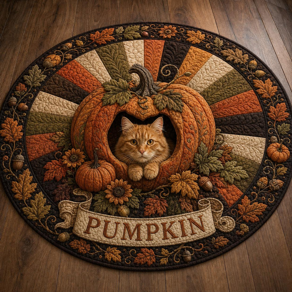 Pumpkin Cat Round Rug, Fall Autumn Cat Area Rug, Cozy Harvest Floor Mat, Cat Lover Gift, Thanksgiving Home Decor