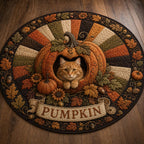 Pumpkin Cat Round Rug, Fall Autumn Cat Area Rug, Cozy Harvest Floor Mat, Cat Lover Gift, Thanksgiving Home Decor