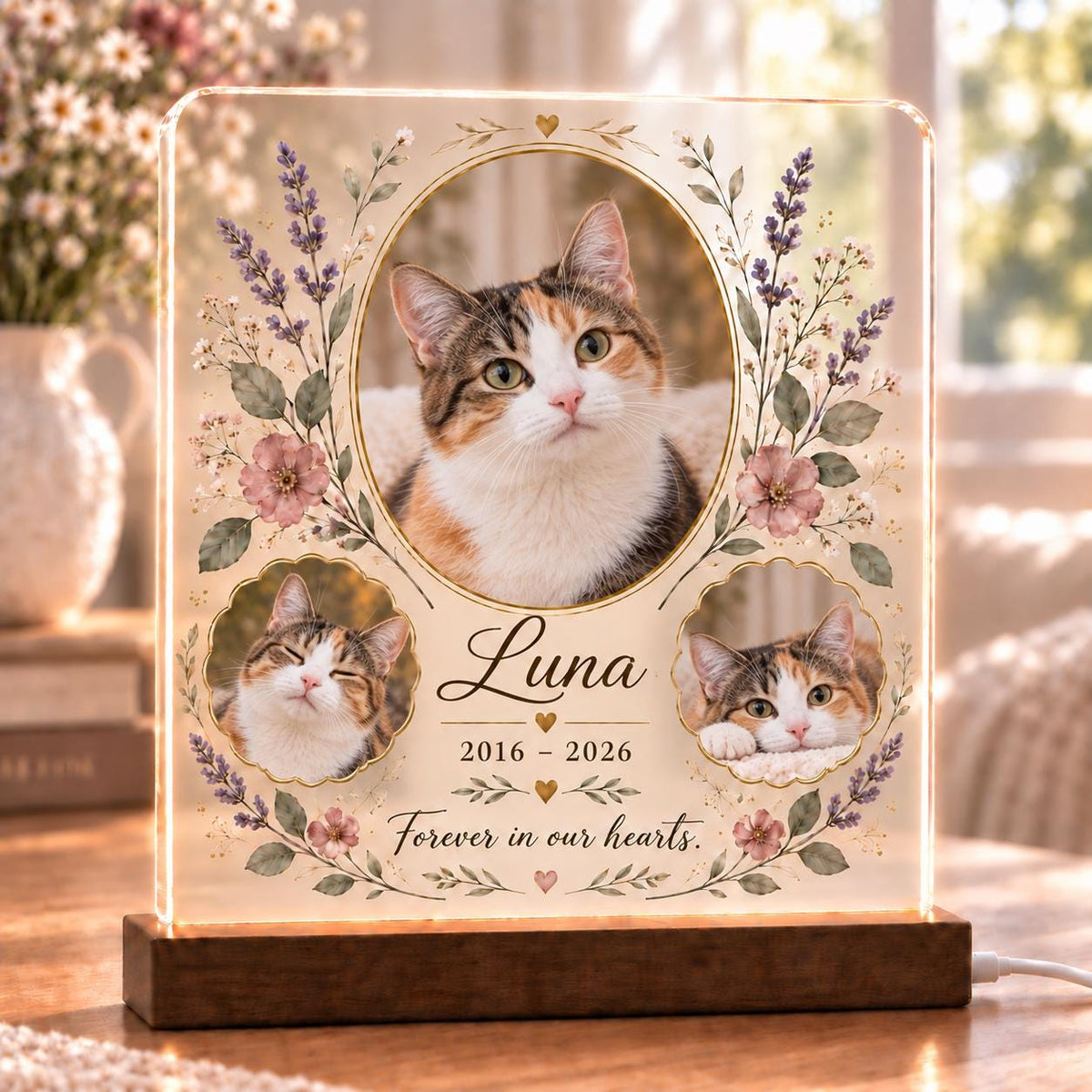 Ragdoll Cat Memorial Light, Custom Pet Photo Acrylic Plaque, Personalized Floral Remembrance Lamp, Cat Loss Sympathy Gift