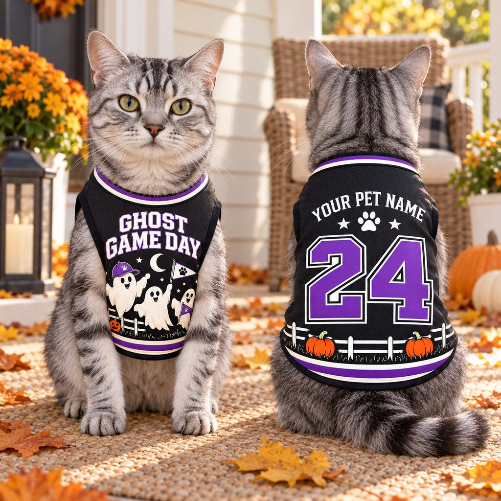 Halloween Pet Jersey, Personalized Dog Name Number Shirt, Ghost Game Day Pet Top, Custom Sports Costume, Spooky Pet Gift