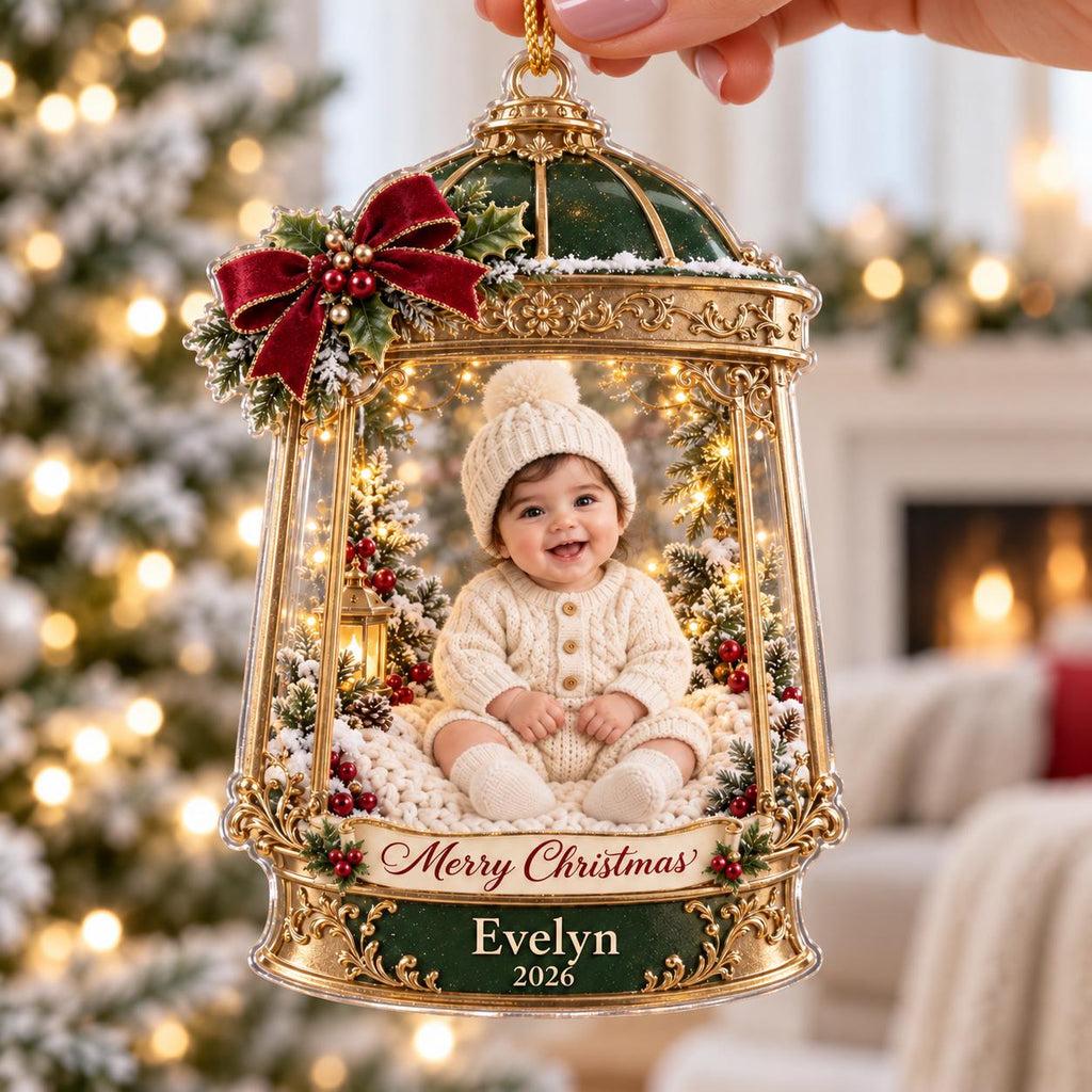 Christmas Lantern Baby Ornament, Personalized Photo Acrylic Keepsake, Custom Name Year, First Holiday Gift