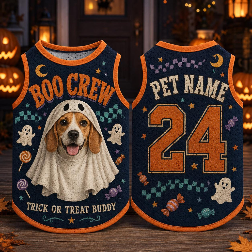 Ghost Dog Halloween Vest, Personalized Pet Name Number Jersey, Boo Crew Trick or Treat Pet Shirt, Spooky Puppy Costume, Halloween Dog Gift
