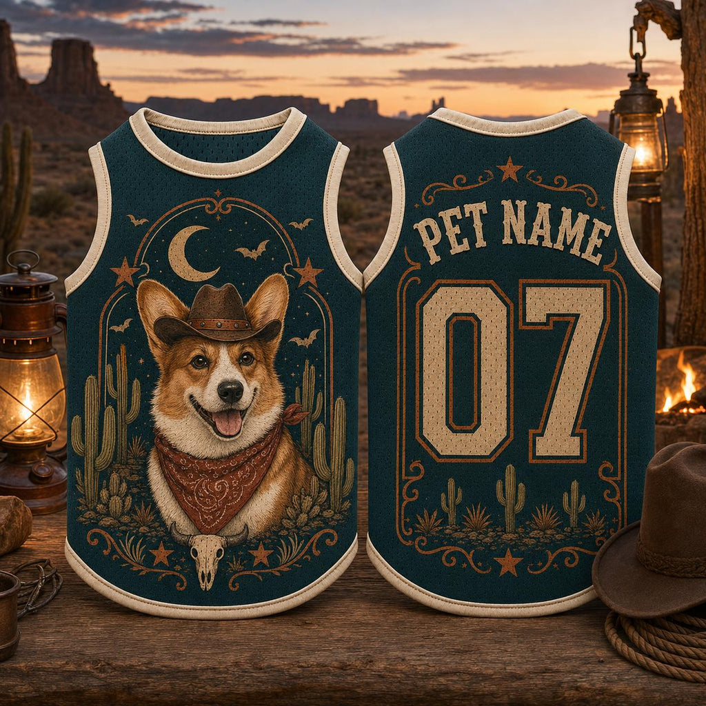 Cowboy Dog Jersey, Personalized Pet Name Number Shirt, Western Corgi Outfit, Desert Rodeo Pet Jersey, Custom Dog Gift