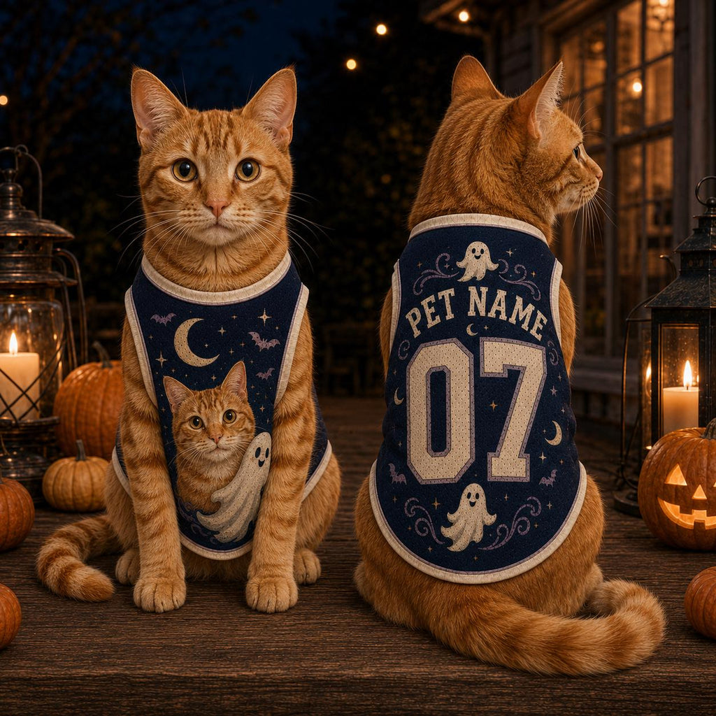Ghost Cat Pet Jersey, Personalized Pet Name Number Shirt, Black Cat Halloween Outfit, Spooky Moon Dog Cat Jersey, Custom Pet Gift