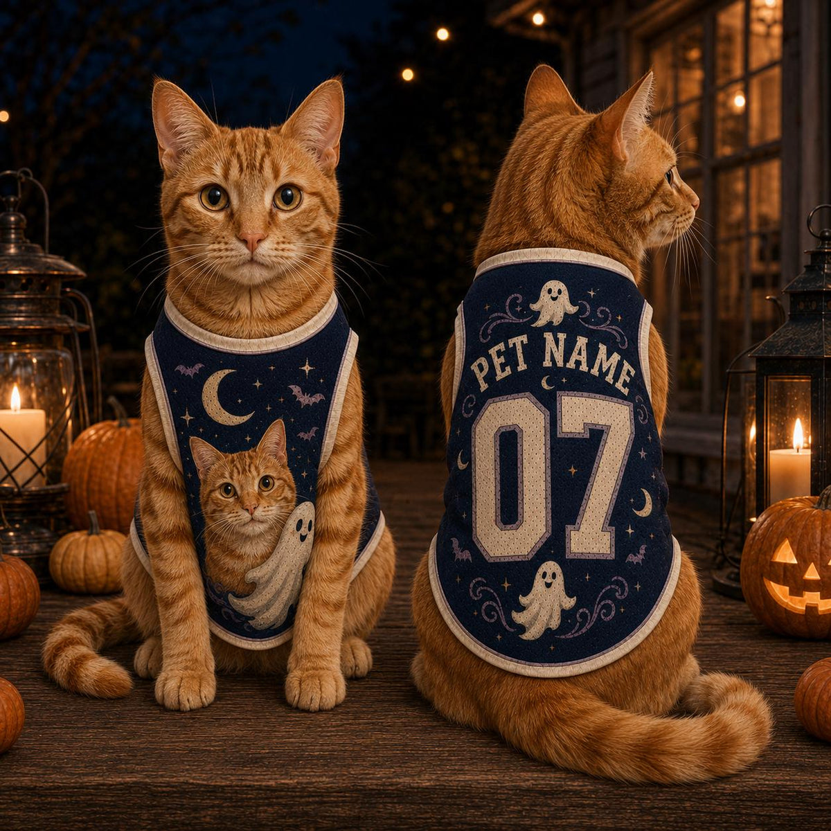 Ghost Cat Pet Jersey, Personalized Pet Name Number Shirt, Black Cat Halloween Outfit, Spooky Moon Dog Cat Jersey, Custom Pet Gift