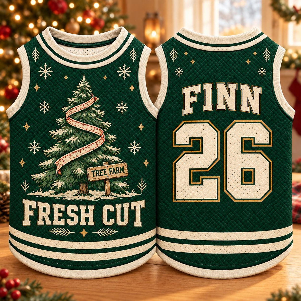 Fresh Cut Pet Jersey, Personalized Dog Name Number Shirt, Christmas Tree Farm Pet Top, Holiday Sports Outfit, Custom Dog Gift
