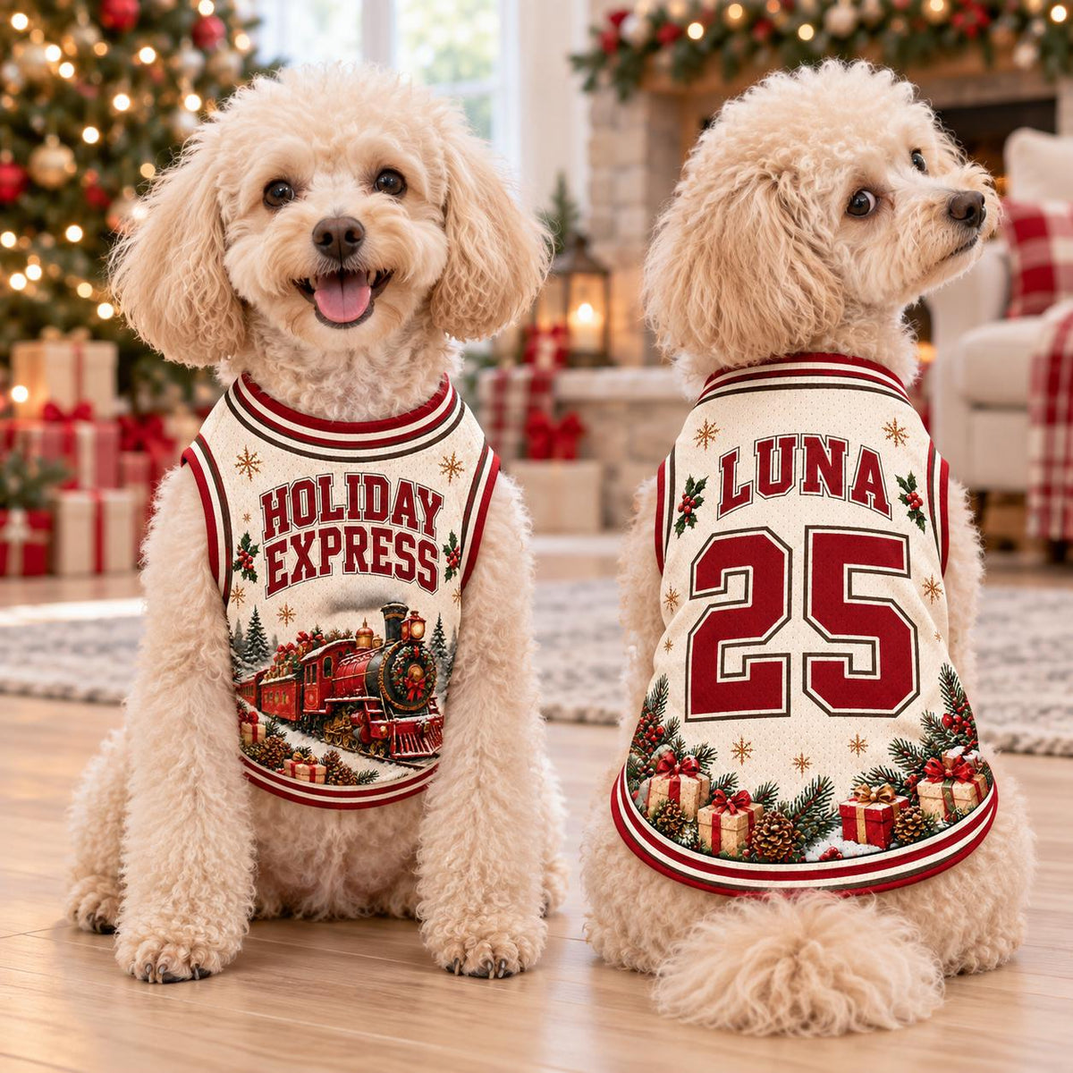 Holiday Express Pet Jersey, Personalized Dog Name Number Shirt, Christmas Train Pet Outfit, Custom Holiday Dog Gift