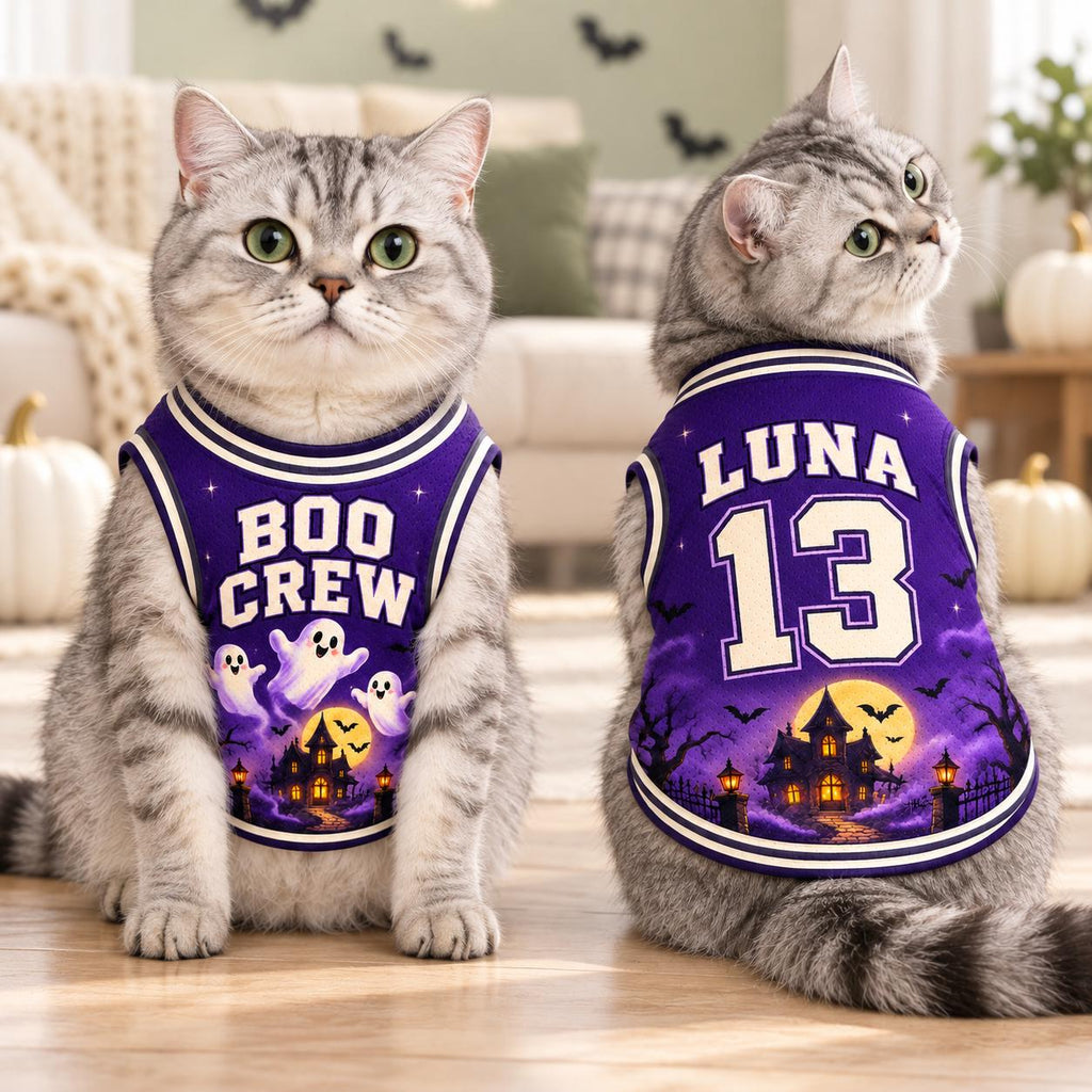 Boo Crew Pet Jersey, Personalized Halloween Dog Shirt, Custom Name Number, Purple Ghost Costume, Spooky Pet Outfit