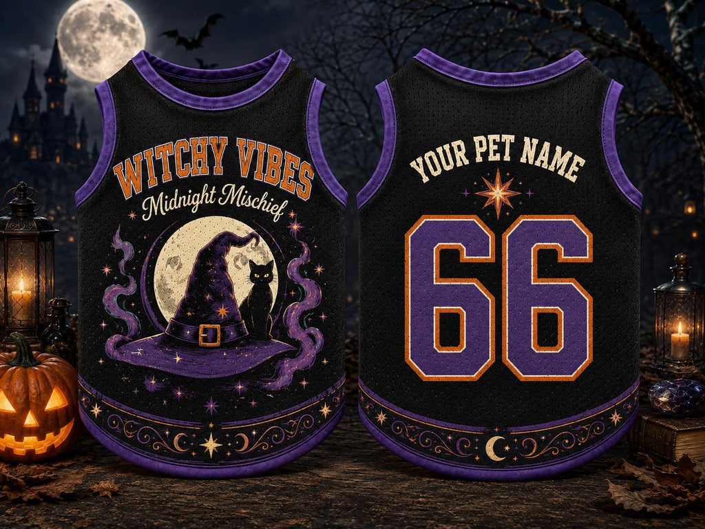 Witchy Vibes Pet Jersey, Personalized Dog Name Number Shirt, Midnight Mischief Halloween Costume, Black Cat Pet Outfit