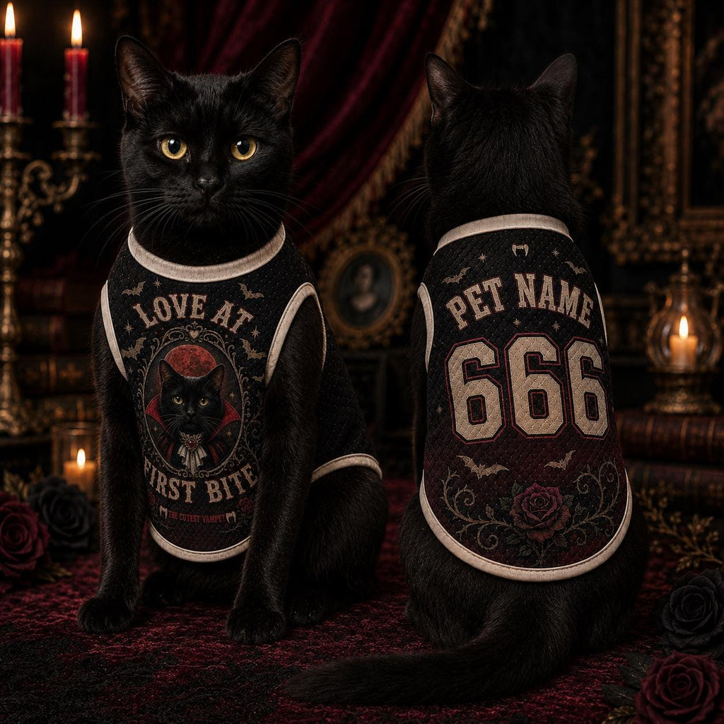 Vampire Cat Pet Jersey, Personalized Name Number Halloween Shirt, Love at First Bite Gothic Pet Outfit, Black Cat Costume Gift