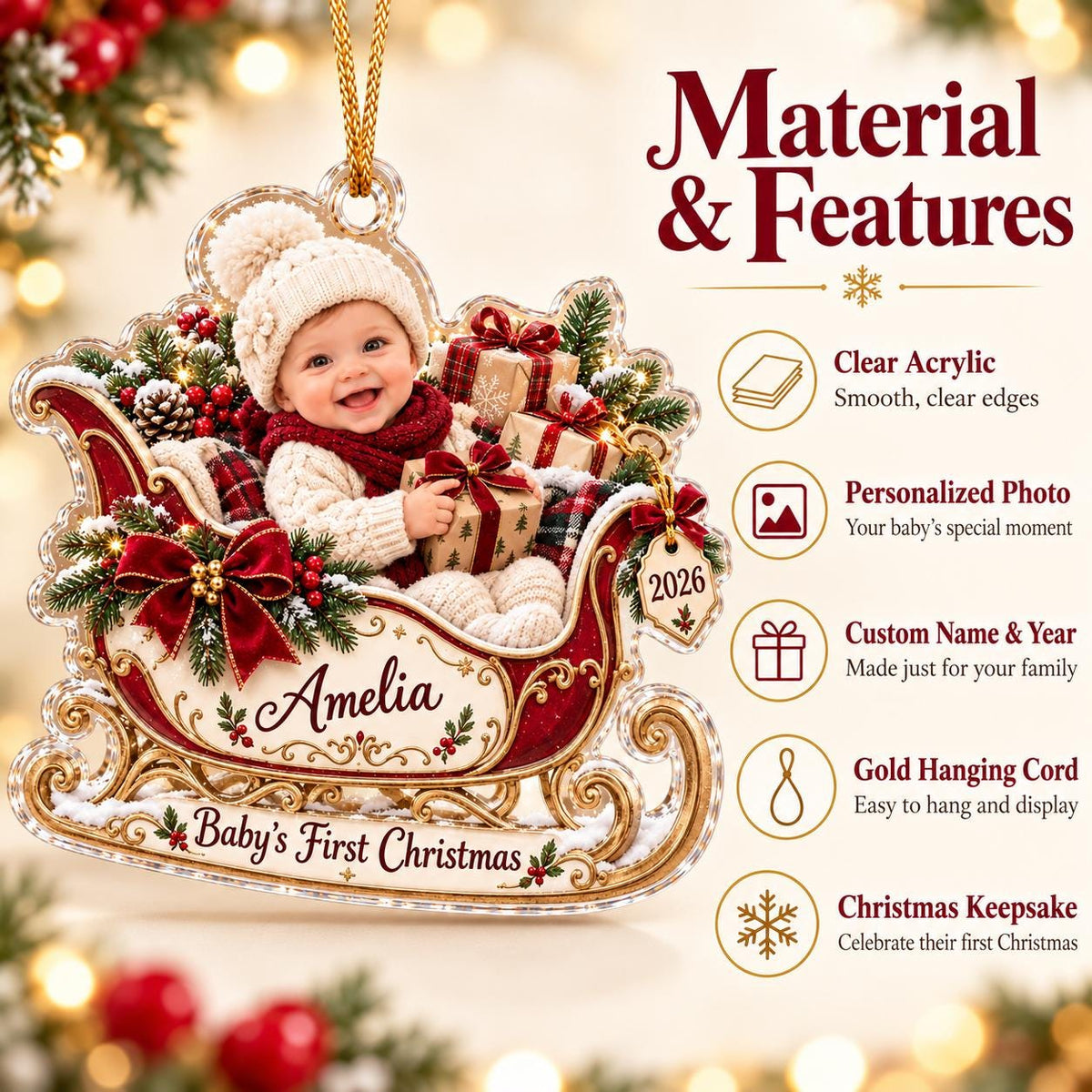 Christmas Sleigh Ornament, Personalized Baby Photo Acrylic Keepsake, Custom Name 2026, First Holiday Gift
