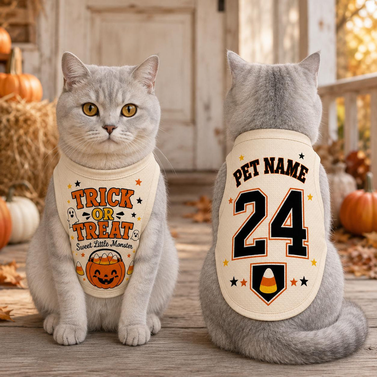 Trick or Treat Pet Jersey, Custom Name Number Dog Shirt, Sweet Little Monster Halloween Outfit, Candy Corn Puppy Costume