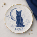 Celestial Black Cat Dish, Personalized Pet Name Plate, Moon and Stars Cat Keepsake, Mystical Cat Decor, Witchy Cat Lover Gift
