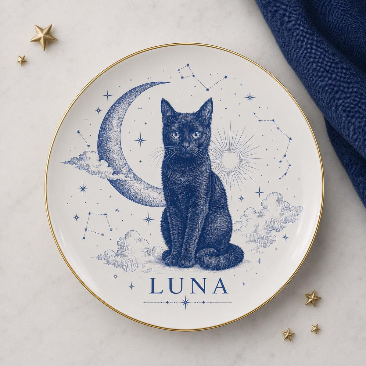 Celestial Black Cat Dish, Personalized Pet Name Plate, Moon and Stars Cat Keepsake, Mystical Cat Decor, Witchy Cat Lover Gift