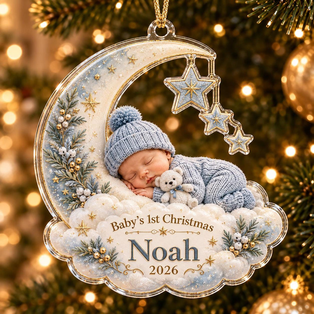 Crescent Moon Baby Ornament, Personalized Photo Acrylic Keepsake, Custom Name Year, Baby First Christmas Gift