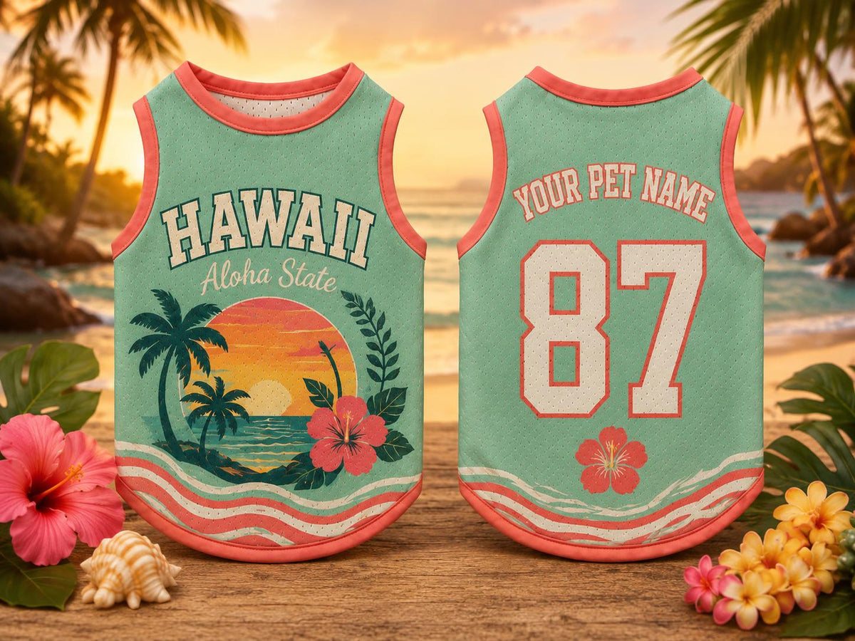 Hawaii Aloha State Pet Jersey, Personalized Dog Name Number Shirt, Tropical Beach Pet Outfit, Hawaiian Dog Gift