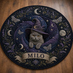 Witch Cat Round Rug, Black Cat Moon Area Rug, Celestial Halloween Floor Mat, Gothic Witchy Home Decor, Personalized Cat Lover Gift