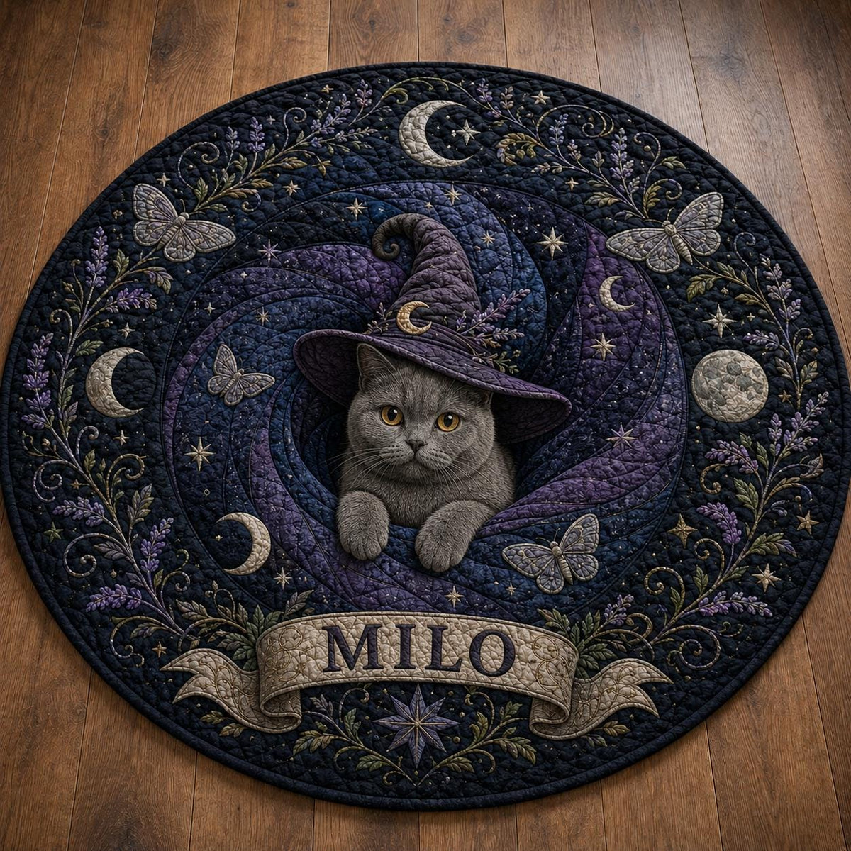 Witch Cat Round Rug, Black Cat Moon Area Rug, Celestial Halloween Floor Mat, Gothic Witchy Home Decor, Personalized Cat Lover Gift