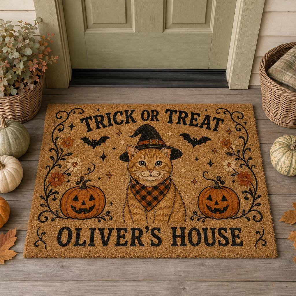 Personalized Halloween Cat Doormat, Trick or Treat Kitty Door Mat, Custom Pet Name Welcome Mat, Pumpkin Fall Porch Decor