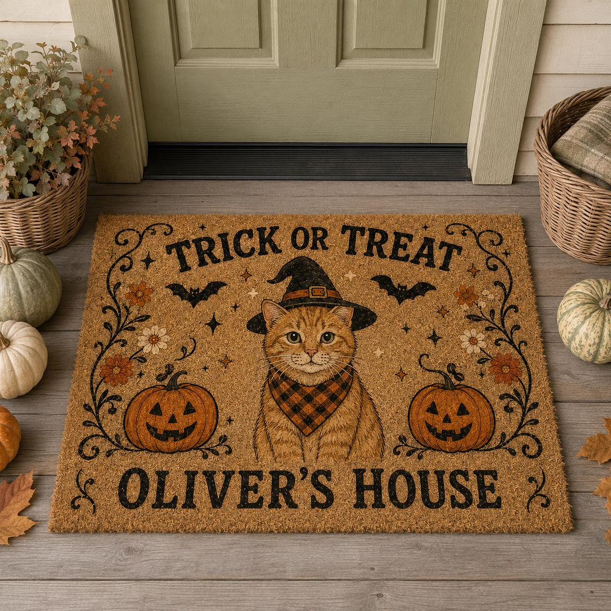 Personalized Halloween Cat Doormat, Trick or Treat Kitty Door Mat, Custom Pet Name Welcome Mat, Pumpkin Fall Porch Decor