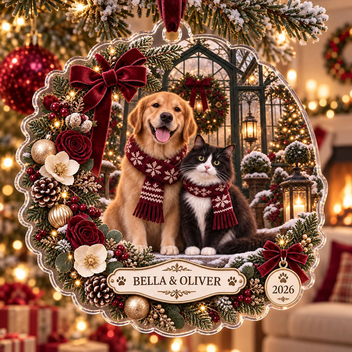 Burgundy Pet Christmas Ornament, Personalized Dog Cat Acrylic Keepsake, Custom Pet Names Year Decor, Pet Parent Holiday Gift